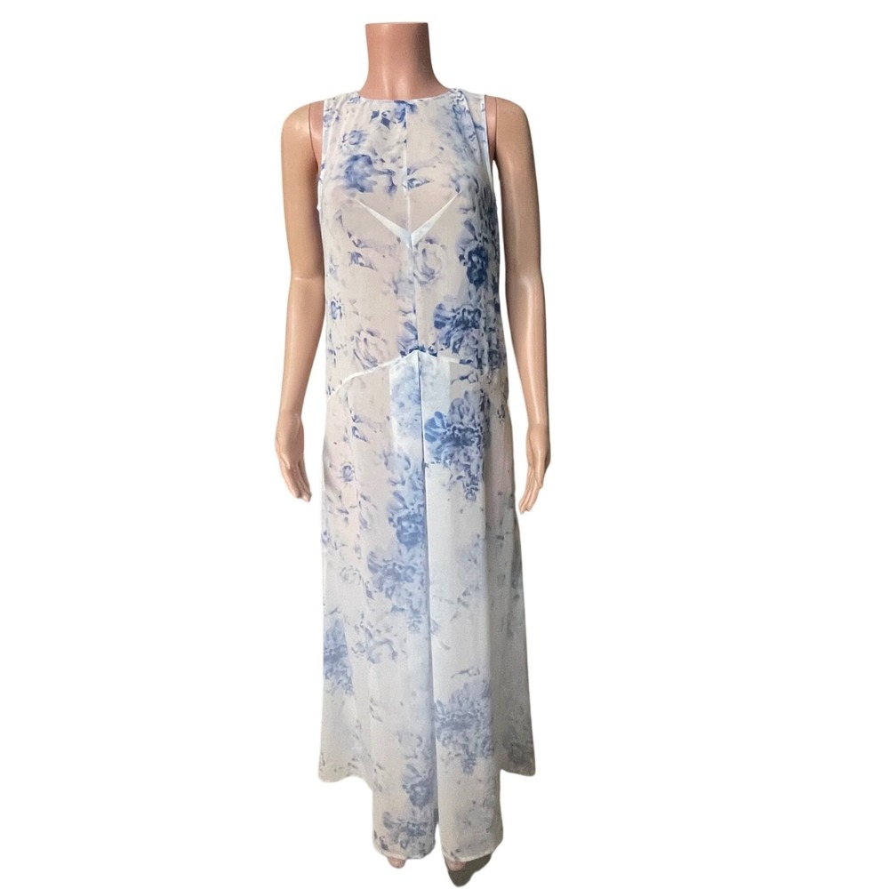 Keepsake Blue White Watercolor Floral Sheer Maxi‎ Dress Sleeveless Small